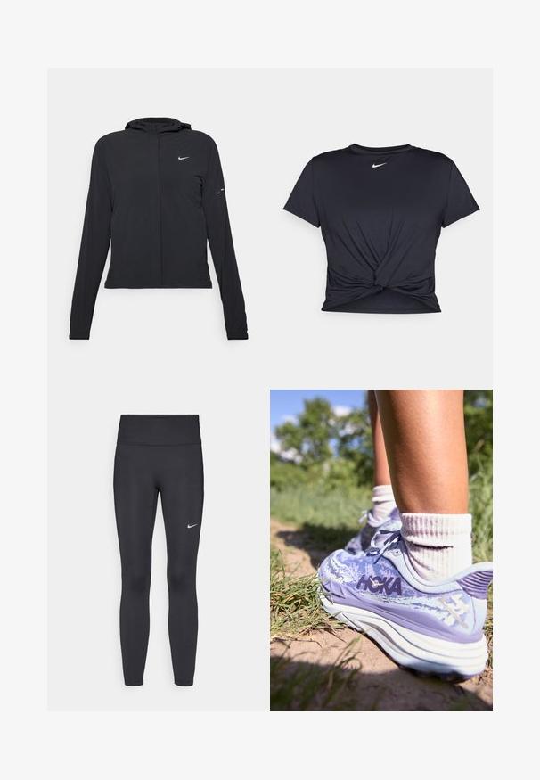 Crna jakna s kapuljačom i dugim rukavima, izrađena od laganog materijala. Ima prednji patentni zatvarač, Nike logo i suptilne dizajnerske detalje.; Crni trenirac s kratkim rukavima izrađen od glatkog materijala, s čvorastim dizajnom sprijeda i malim bijelim Nike logotipom na prsima.; Crne tajice izrađene od rastezljivog materijala, s visokim strukom i bijelim Nike logotipom na lijevom bedru. Glatka tekstura, dizajn koji prati obline.; HOKA STINSON 7 - Tenisice za trail trčanje - cosmic sky/meteor