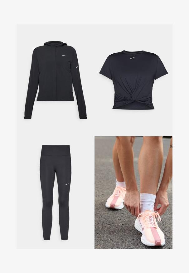 Fekete kapucnis dzseki hosszú ujjakkal, könnyű anyagból készült. Elülső cipzárral, Nike logóval és diszkrét dizájn elemekkel rendelkezik.; Fekete sportpóló sima anyagból, elöl megkötős dizájnnal, a mellkason egy kis fehér Nike logóval.; Fekete leggings elasztikus anyagból, magas derékkal és fehér Nike logóval a bal combon. Simább textúra, testhez álló kialakítás.; Nike Performance PEGASUS PLUS - Utcai futócipők - crimson tint/white/pure platinum/red stardust/vast grey