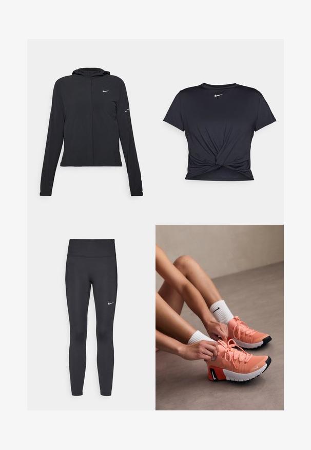 Chaqueta negra con capucha y mangas largas, hecha de un material ligero. Presenta un cierre frontal, un logo de Nike y acentos de diseño sutiles.; Camiseta atlética negra hecha de tela suave, con un diseño de nudo en la parte delantera y un pequeño logo blanco de Nike en el pecho.; Leggings negras de tela elástica, con una cintura alta y un logo blanco de Nike en el muslo izquierdo. Textura suave, diseño ajustado.; Zapatillas deportivas ligeras de color rosa con tejido texturizado, cordones prominentes y suelas de goma. Terminadas con un detalle de logo en blanco y negro contrastante.
