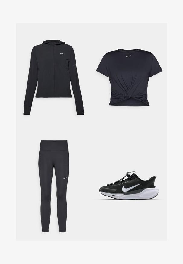 Giacca nera con cappuccio e maniche lunghe, realizzata in materiale leggero. Presenta una zip frontale, il logo Nike e accenti di design sottili.; Maglietta atletica nera realizzata in tessuto liscio, con un design anteriore annodato e un piccolo logo Nike bianco sul petto.; Leggings neri realizzati in tessuto elasticizzato, con una vita alta e un logo Nike bianco sulla coscia sinistra. Tessuto liscio, design aderente.; Scarpe sportive nere con superficie testurizzata, logo bianco a contrasto e suola bianca ammortizzata. Dotate di un sistema di lacci veloci per una facile calzata.