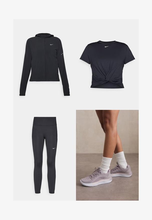 Juodas gobtuvas striukė su ilgomis rankovėmis, pagaminta iš lengvo audinio. Pasižymi priekiniais užtrauktukais, Nike logotipu ir subtiliais dizaino akcentais.; Juodas sportinis marškinėlis, pagamintas iš lygios medžiagos, su surišta priekiu ir mažu baltu Nike logotipu ant krūtinės.; Juodi leggingai iš elastingos medžiagos, turintys aukštą juosmenį ir baltą Nike logotipą kairėje šlaunyje. Lygus paviršius, prigludusi dizainas.; Šviesiai purpurinės sportinės bateliai su tekstūruotu mezginiu viršuje, akcentuoti baltu viduriniu padais ir atitinkančiomis baltomis raukinėtomis kojinėmis.