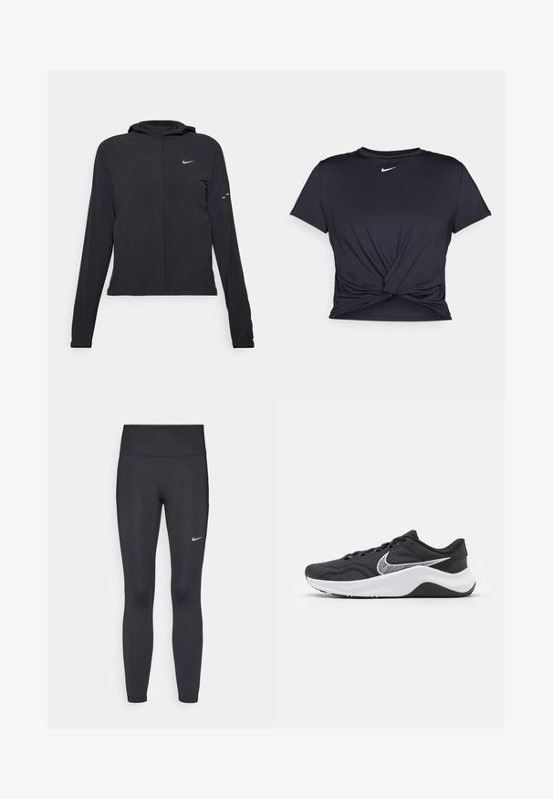 Svart huva jacka med långa ärmar, gjord av lätt material. Har en framdragare, en Nike-logotyp och subtila designelement.; Svart atletisk t-shirt i mjukt tyg, med en knuten framdesign och en liten vit Nike-logga på bröstet.; Svarta leggings i elastiskt material, med hög midja och en vit Nike-logga på vänster lår. Slät textur, figurnära design.; Svart atletisk sko med en nätövre och vita accenter. Har en rund tå, platta skosnören och en texturerad svart gummisula.