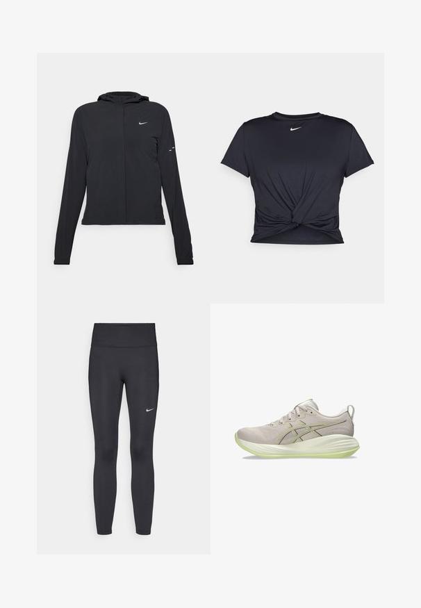 Casaco preto com capuz e mangas longas, feito de material leve. Apresenta um fecho dourado na frente, um logótipo da Nike e detalhes de design subtis.; T-shirt atlético preto feito de tecido liso, apresentando um design frontal com nó e um pequeno logótipo branco da Nike no peito.; Leggings pretos feitos de tecido elástico, com uma cintura alta e um logo branco da Nike na coxa esquerda. Textura suave, design ajustado ao corpo.; Shoe atlético cinza claro com parte superior em tecido liso, detalhes amarelo-esverdeados, sola texturizada e sistema de amarração tradicional.