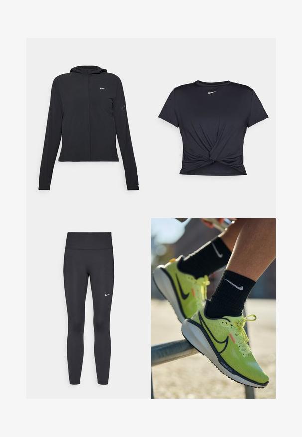 Svart hettegenser med lange ermer, laget av lett materiale. Har glidelås foran, Nike-logo og subtile design detaljer.; Svart trenings T-skjorte laget av glatt stoff, med en knyttet frontdesign og en liten hvit Nike-logo på brystet.; Sorte leggings laget av elastisk stoff, med høy livlinje og en hvit Nike-logo på venstre lår. Glatt tekstur, kroppsnær passform.; Limegrønne sportsko med en struktureret overdel, mørkeblå accenter og et fremtrædende sort swoosh-logo. Positioneret på et rækværk.