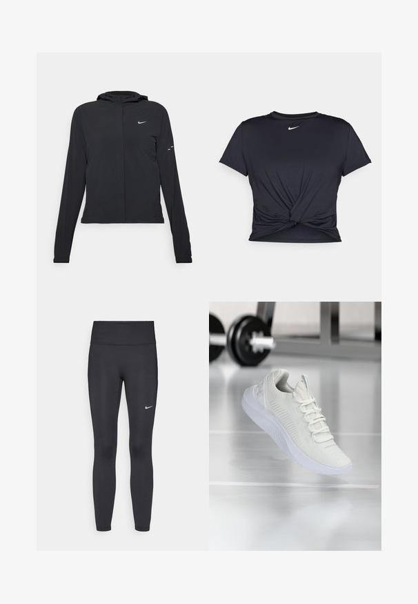 Veste à capuche noire avec des manches longues, fabriquée en matériau léger. Elle comporte une fermeture éclair à l'avant, un logo Nike et des accents de design subtils.; T-shirt de sport noir en tissu lisse, avec un design avant noué et un petit logo Nike blanc sur la poitrine.; Leggings noirs en tissu extensible, dotés d'une taille haute et d'un logo Nike blanc sur la cuisse gauche. Texture lisse, design ajusté.; Sneaker de sport blanche avec une tige en maille texturée et un système de laçage, dotée d'une semelle blanche rembourrée et de subtiles accents striés.