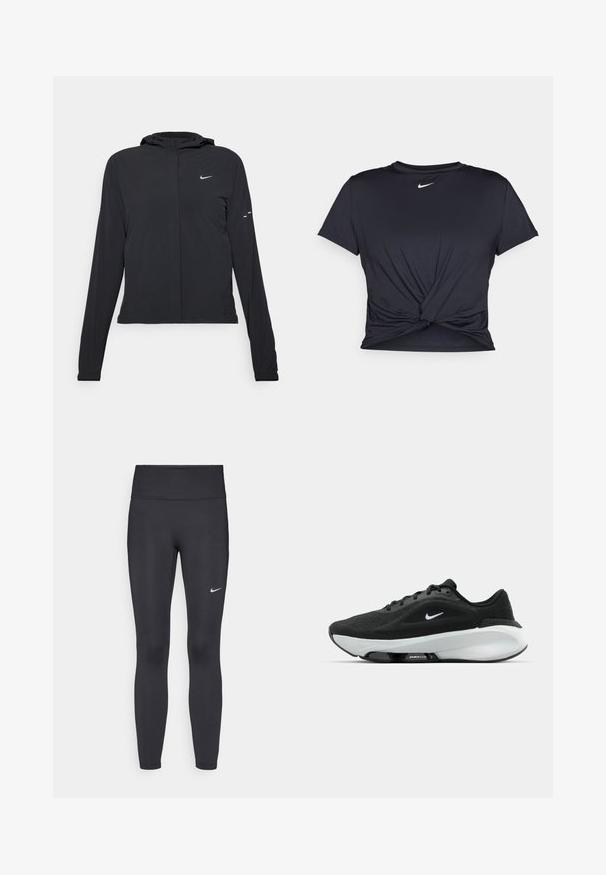 Sort hættetrøje med lange ærmer, lavet af letvægtsmateriale. Har en frontlynlås, et Nike-logo og subtile designaccenter.; Sort atletisk t-shirt lavet af glat stof, med et knyttet frontdesign og et lille hvidt Nike-logo på brystet.; Sorte leggings lavet af strækbart stof, med en høj talje og et hvidt Nike-logo på venstre lår. Glat tekstur, tætsiddende design.; Sort atletisk sko med en tekstureret overdel, slankt design og et hvidt logo. Har en fremtrædende skridsikker sål med luftzoomteknologi.