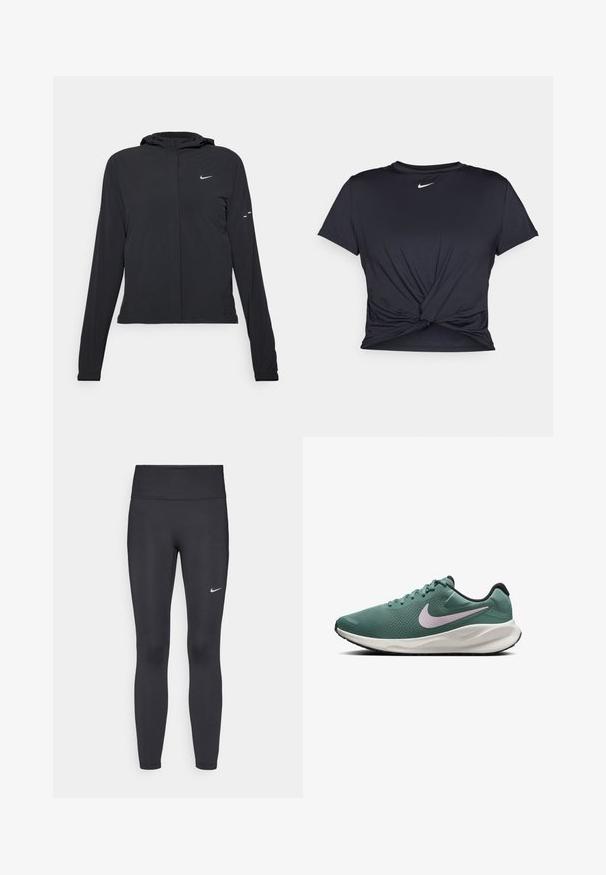 Giacca nera con cappuccio e maniche lunghe, realizzata in materiale leggero. Presenta una zip frontale, il logo Nike e accenti di design sottili.; Maglietta atletica nera realizzata in tessuto liscio, con un design anteriore annodato e un piccolo logo Nike bianco sul petto.; Leggings neri realizzati in tessuto elasticizzato, con una vita alta e un logo Nike bianco sulla coscia sinistra. Tessuto liscio, design aderente.; Scarpa da corsa verde a rete con suola bianca e nera. Presenta un logo Nike di colore viola chiaro e una tomaia texturizzata per la traspirabilità.