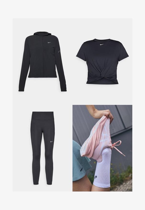 Black hooded jacket with long sleeves, made from lightweight material. Features a front zipper, a Nike logo, and subtle design accents.; Black athletic t-shirt made of smooth fabric, featuring a knotted front design and a small white Nike logo on the chest.; Black leggings made of stretchy fabric, featuring a high waistband and a white Nike logo on the left thigh. Smooth texture, form-fitting design.; Light pink athletic shoe with mesh and solid overlays, raised sole, and white accents, paired with a white ribbed sock featuring a logo.