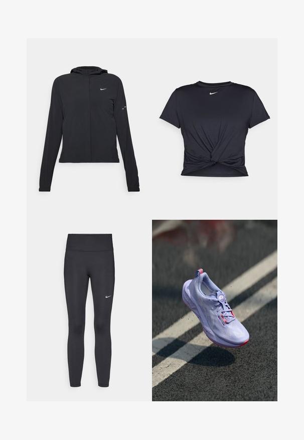 Black hooded jacket with long sleeves, made from lightweight material. Features a front zipper, a Nike logo, and subtle design accents.; Black athletic t-shirt made of smooth fabric, featuring a knotted front design and a small white Nike logo on the chest.; Black leggings made of stretchy fabric, featuring a high waistband and a white Nike logo on the left thigh. Smooth texture, form-fitting design.; Light purple running shoe with a textured upper, pink accents, a round lacing mechanism, and a speckled sole, elevated above a pavement background.