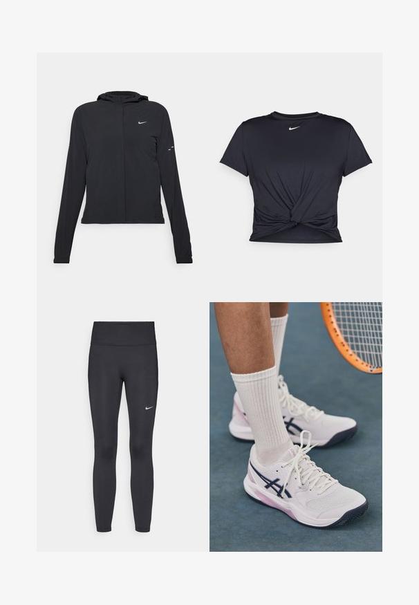 Casaco preto com capuz e mangas longas, feito de material leve. Apresenta um fecho dourado na frente, um logótipo da Nike e detalhes de design subtis.; T-shirt atlético preto feito de tecido liso, apresentando um design frontal com nó e um pequeno logótipo branco da Nike no peito.; Leggings pretos feitos de tecido elástico, com uma cintura alta e um logo branco da Nike na coxa esquerda. Textura suave, design ajustado ao corpo.; Ténis brancos com um upper texturizado, pormenores em azul-escuro e sola rosa-claro. Usados com meias brancas com textura.