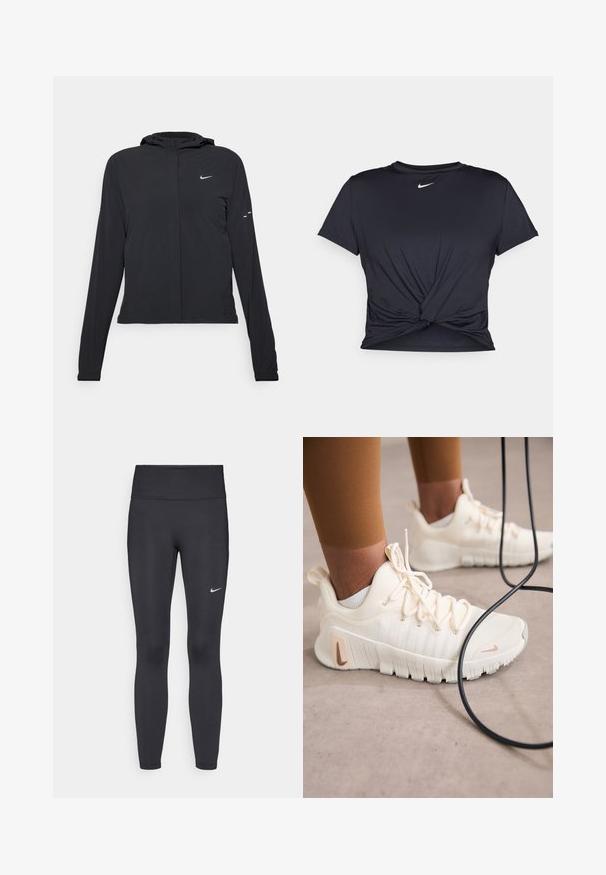 Svart hettegenser med lange ermer, laget av lett materiale. Har glidelås foran, Nike-logo og subtile design detaljer.; Svart trenings T-skjorte laget av glatt stoff, med en knyttet frontdesign og en liten hvit Nike-logo på brystet.; Sorte leggings laget av elastisk stoff, med høy livlinje og en hvit Nike-logo på venstre lår. Glatt tekstur, kroppsnær passform.; Nike Performance FREE METCON 6 - Treningssko - pale ivory/metallic red bronze/guava ice/sail/phantom/light orewood brown