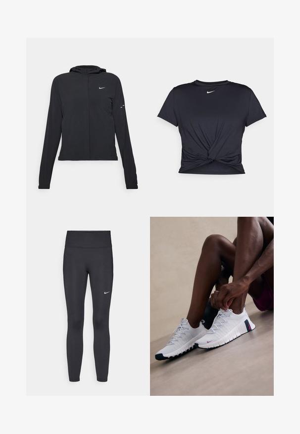 Svart hettegenser med lange ermer, laget av lett materiale. Har glidelås foran, Nike-logo og subtile design detaljer.; Svart trenings T-skjorte laget av glatt stoff, med en knyttet frontdesign og en liten hvit Nike-logo på brystet.; Sorte leggings laget av elastisk stoff, med høy livlinje og en hvit Nike-logo på venstre lår. Glatt tekstur, kroppsnær passform.; Hvite idrettssko med teksturerte overflater, rosa detaljer og svarte såler. Har snøring og behagelig såle for komfort.