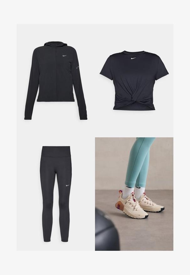 Mustassa hupparissa on pitkät hihat, ja se on valmistettu kevyestä materiaalista. Siinä on edessä vetoketju, Nike-logo ja hillityt muotoiluyksityiskohdat.; Musta urheilu T-paita, joka on valmistettu sileästä kankaasta, jossa on solmittu etuosa ja pieni valkoinen Nike-logo rinnassa.; Mustat leggingsit joustavasta kankaasta, joissa on korkea vyötärö ja valkoinen Nike-logo vasemmassa reidessä. Sileä pinta, muotoaan myötäilevä suunnittelu.; Hiekanväriset urheilukengät, joissa on teksturoitu kangas, vaaleanpunaiset nauhat ja värikäs kantapääkorostus. Yhdistettynä vaaleansiinisiin legginsseihin ja valkoisiin sukkiin.