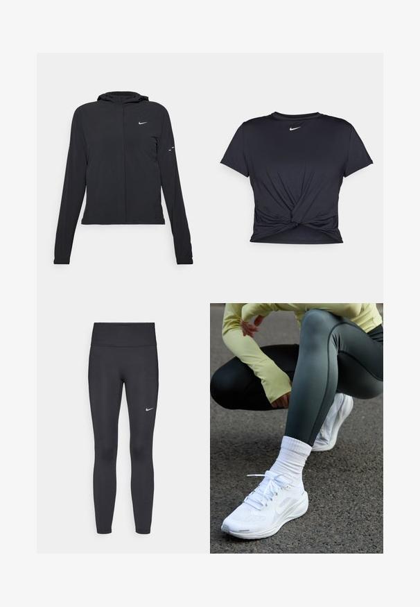 Zwarte kaptrui met lange mouwen, gemaakt van lichtgewicht materiaal. Voorzien van een ritssluiting aan de voorkant, een Nike-logo en subtiele ontwerpelementen.; Zwarte sportieve T-shirt van gladde stof, met een geknoopt ontwerp aan de voorkant en een klein wit Nike-logo op de borst.; Zwarte legging van rekbare stof met een hoge tailleband en een wit Nike-logo op de linkerdij. Gladde textuur, aansluitend ontwerp.; Witte sportieve schoenen met een bovenwerk van mesh, platte veters en een gevoerde zool, gecombineerd met donkergroene leggings en een lichtgele lange mouw top.
