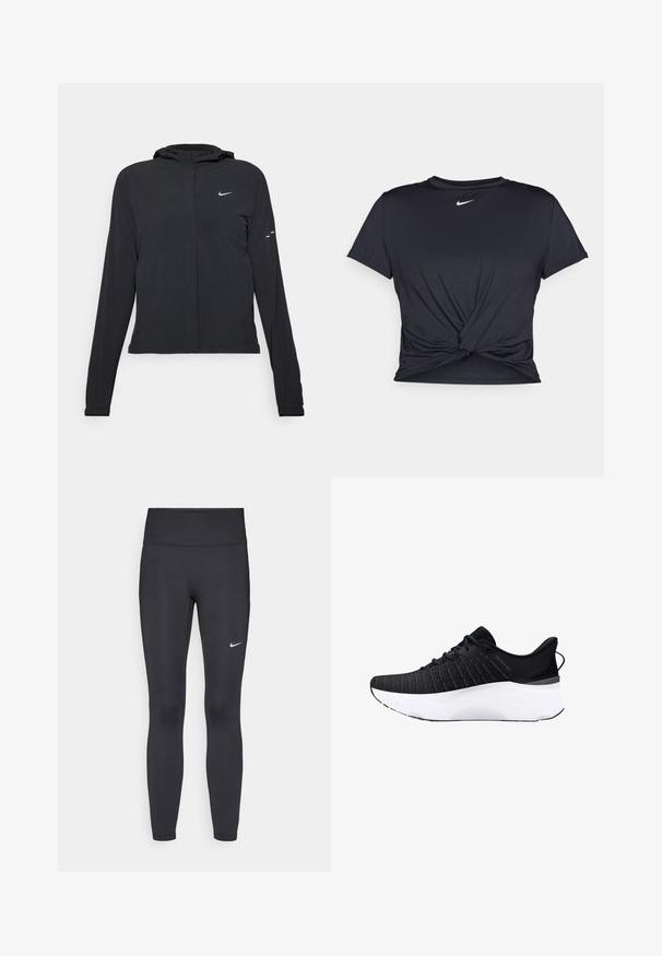 Veste à capuche noire avec des manches longues, fabriquée en matériau léger. Elle comporte une fermeture éclair à l'avant, un logo Nike et des accents de design subtils.; T-shirt de sport noir en tissu lisse, avec un design avant noué et un petit logo Nike blanc sur la poitrine.; Leggings noirs en tissu extensible, dotés d'une taille haute et d'un logo Nike blanc sur la cuisse gauche. Texture lisse, design ajusté.; Chaussure de sport noire avec une tige en tricot texturé, semelle intercalaire blanche et semelle extérieure noire. Dispose d'un col rembourré et de lacets pour un ajustement sécurisé.
