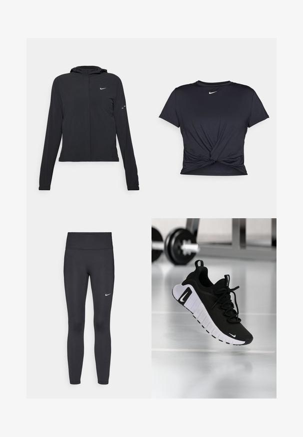 Black hooded jacket with long sleeves, made from lightweight material. Features a front zipper, a Nike logo, and subtle design accents.; Black athletic t-shirt made of smooth fabric, featuring a knotted front design and a small white Nike logo on the chest.; Black leggings made of stretchy fabric, featuring a high waistband and a white Nike logo on the left thigh. Smooth texture, form-fitting design.; Black athletic shoe with a textured fabric upper, white sole, and prominent lacing system. Features a Nike logo and soft, cushioned design.