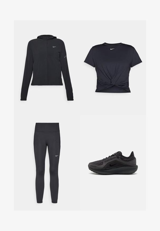 Mustassa hupparissa on pitkät hihat, ja se on valmistettu kevyestä materiaalista. Siinä on edessä vetoketju, Nike-logo ja hillityt muotoiluyksityiskohdat.; Musta urheilu T-paita, joka on valmistettu sileästä kankaasta, jossa on solmittu etuosa ja pieni valkoinen Nike-logo rinnassa.; Mustat leggingsit joustavasta kankaasta, joissa on korkea vyötärö ja valkoinen Nike-logo vasemmassa reidessä. Sileä pinta, muotoaan myötäilevä suunnittelu.; Musta urheilukenkä, jossa on palotettu yläosa, tekstuuriset yksityiskohdat ja pehmustettu pohja. Varustettu näkyvällä Nike-logolla ja kestävyylle suunnitellulla pohjalla.
