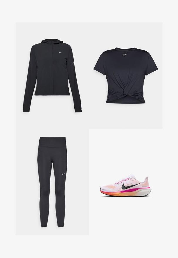 Giacca nera con cappuccio e maniche lunghe, realizzata in materiale leggero. Presenta una zip frontale, il logo Nike e accenti di design sottili.; Maglietta atletica nera realizzata in tessuto liscio, con un design anteriore annodato e un piccolo logo Nike bianco sul petto.; Leggings neri realizzati in tessuto elasticizzato, con una vita alta e un logo Nike bianco sulla coscia sinistra. Tessuto liscio, design aderente.; Scarpa da corsa bianca con tomaia in mesh, dettagli rosa e arancione, logo swoosh nero, suola in gomma e intersuola imbottita per il comfort.