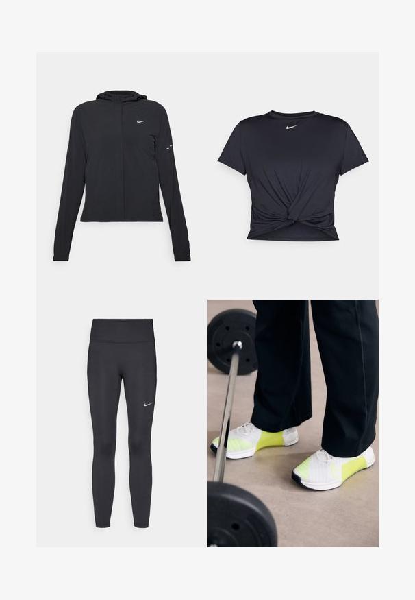 Melnā kapuci jaka ar garām piedurknēm, izgatavota no viegla materiāla. Tam ir priekšējais rāvējslēdzis, Nike logo un smalki dizaina akcenti.; Melna sporta t-kreklu ar gludu audumu, ar mezglošanas priekšpusi un mazu baltu Nike logotipu uz krūšu daļas.; Melnas legingi, izgatavoti no elastīga auduma, ar augstu jostu un baltu Nike logotipu kreisajā augšstilbā. Gluda tekstūra, piegulošs dizains.; Nike Performance METCON 9 - Treniņkurpes - white/volt cyber/summit white/black