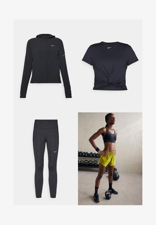 Casaco preto com capuz e mangas longas, feito de material leve. Apresenta um fecho dourado na frente, um logótipo da Nike e detalhes de design subtis.; T-shirt atlético preto feito de tecido liso, apresentando um design frontal com nó e um pequeno logótipo branco da Nike no peito.; Leggings pretos feitos de tecido elástico, com uma cintura alta e um logo branco da Nike na coxa esquerda. Textura suave, design ajustado ao corpo.; Sutiã desportivo preto, calções amarelos brilhantes com cintura elástica, sapatos de atletismo pretos e pulseiras, de pé ao lado de kettlebells.