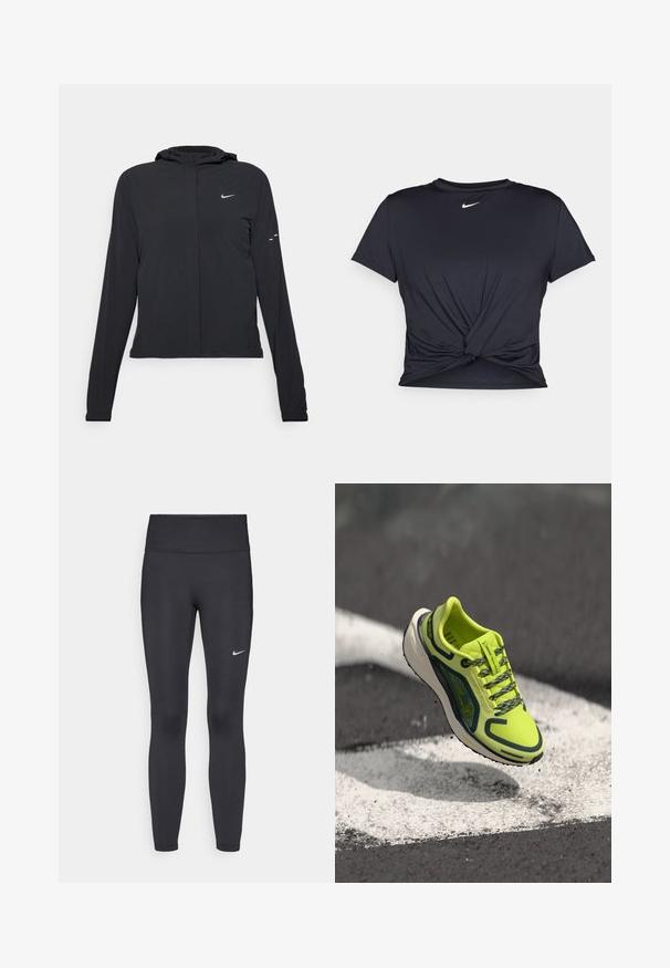 Black hooded jacket with long sleeves, made from lightweight material. Features a front zipper, a Nike logo, and subtle design accents.; Black athletic t-shirt made of smooth fabric, featuring a knotted front design and a small white Nike logo on the chest.; Black leggings made of stretchy fabric, featuring a high waistband and a white Nike logo on the left thigh. Smooth texture, form-fitting design.; Neon yellow running shoe with a breathable mesh upper, contrasting dark accents, textured laces, and a cushioned white midsole.