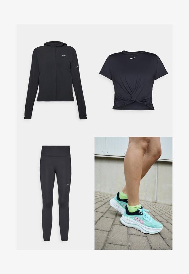 Črna kapuča s dolgimi rokavi, izdelana iz lahkega materiala. Ima sprednji zadrgo, logotip Nike in subtilne oblikovne detajle.; Črna atletska majica iz gladkega materiala, z vozlanim sprednjim delom in majhnim belim logotipom Nike na prsih.; Črne legice iz elastične tkanine, z visokim pasom in belim Nike logo na levem stegnu. Gladka tekstura, oblikovno prilegajoč dizajn.; HOKA športni copati v svetlo modri barvi s temno modrimi detajli in roza logotipom; mrežast zgornji del in debel bel podplat; v kombinaciji s svetlo zelenimi nogavicami.