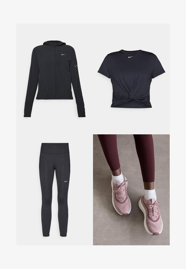Melnā kapuci jaka ar garām piedurknēm, izgatavota no viegla materiāla. Tam ir priekšējais rāvējslēdzis, Nike logo un smalki dizaina akcenti.; Melna sporta t-kreklu ar gludu audumu, ar mezglošanas priekšpusi un mazu baltu Nike logotipu uz krūšu daļas.; Melnas legingi, izgatavoti no elastīga auduma, ar augstu jostu un baltu Nike logotipu kreisajā augšstilbā. Gluda tekstūra, piegulošs dizains.; Gaiši rozā sporta apavi ar teksturētu sietu augšdaļu, auklu aizdari un baltu zoli. Valkāti ar baltām īsām zeķēm, kombinēti ar bordo krāsas legingiem.