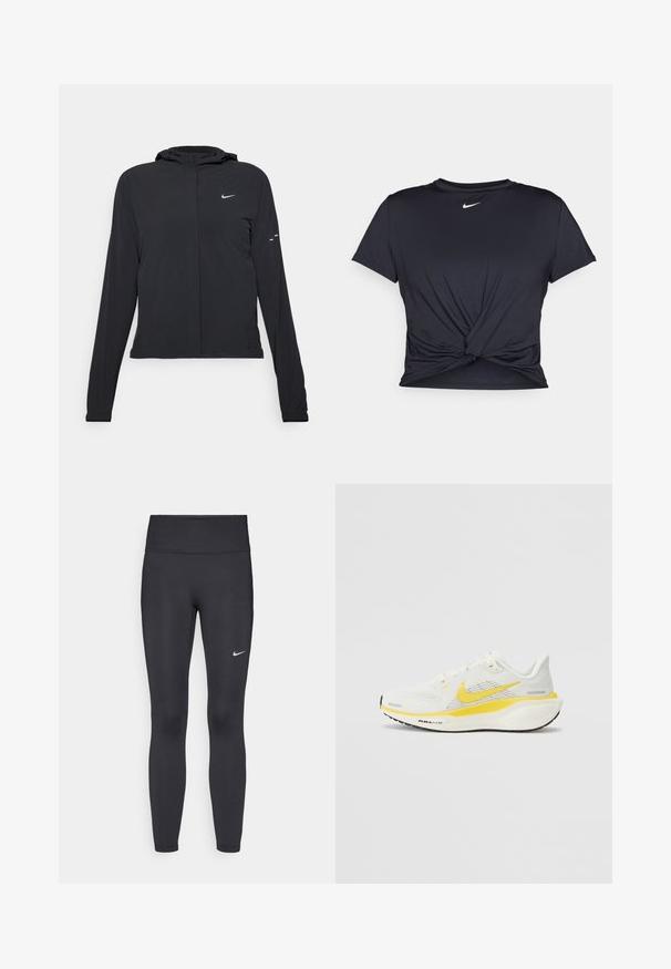 Jachetă neagră cu glugă, cu mâneci lungi, fabricată din material ușor. Dispune de un fermoar frontal, un logo Nike și accente de design subtile.; Tricou sport negru din material neted, cu un design frontal legat și un mic logo Nike alb pe piept.; Leggings negre dintr-un material elastic, având talie înaltă și un logo alb Nike pe coapsa stângă. Textură netedă, design care se conturează pe corp.; Pantofii de alergare Nike în alb din plasă cu accente galbene. Dispun de o talpă căptușită și un design superior respirabil. Talpă exterioară texturată din cauciuc negru.