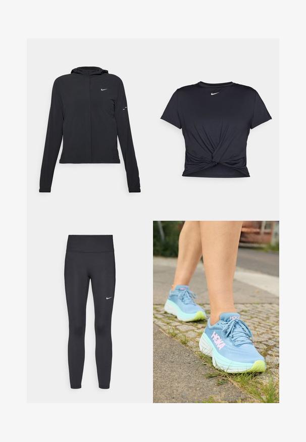 Czarna kurtka z kapturem, z długimi rękawami, wykonana z lekkiego materiału. Posiada zamek błyskawiczny z przodu, logo Nike oraz subtelne akcenty wzornicze.; Czarna sportowa koszulka z gładkiego materiału, z wiązanym przodem i małym białym logo Nike na piersi.; Czarne legginsy z elastycznego materiału, z wysokim pasem i białym logo Nike na lewym udzie. Gładka tekstura, dopasowany krój.; HOKA BONDI 8 jasnoniebieski
