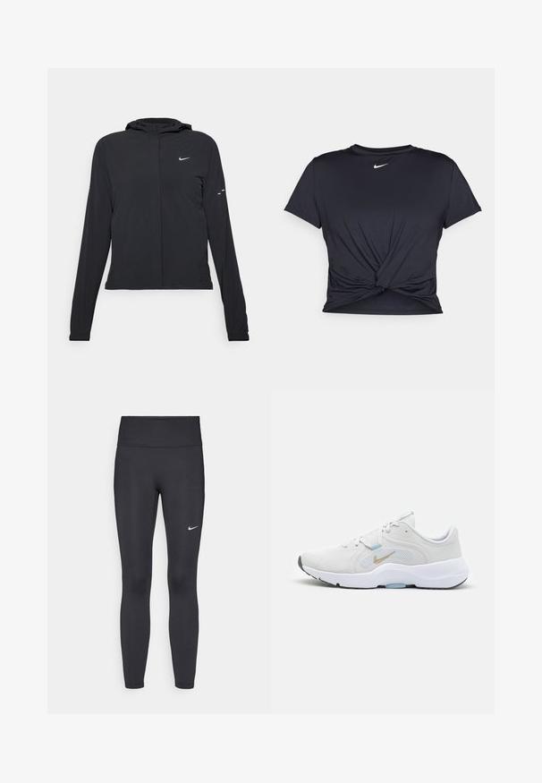 Giacca nera con cappuccio e maniche lunghe, realizzata in materiale leggero. Presenta una zip frontale, il logo Nike e accenti di design sottili.; Maglietta atletica nera realizzata in tessuto liscio, con un design anteriore annodato e un piccolo logo Nike bianco sul petto.; Leggings neri realizzati in tessuto elasticizzato, con una vita alta e un logo Nike bianco sulla coscia sinistra. Tessuto liscio, design aderente.; Nike Performance IN SEASON TR 13 - Scarpe da allenamento - white