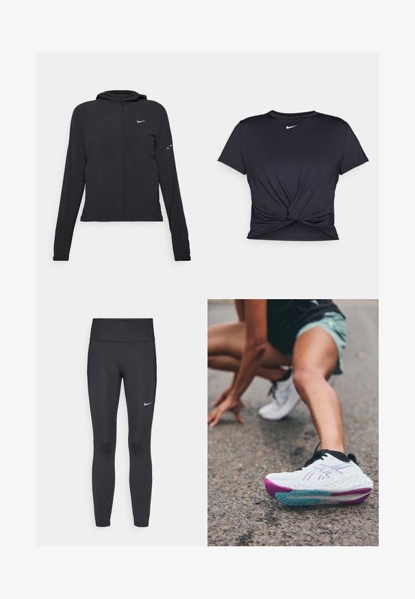 Black hooded jacket with long sleeves, made from lightweight material. Features a front zipper, a Nike logo, and subtle design accents.; Black athletic t-shirt made of smooth fabric, featuring a knotted front design and a small white Nike logo on the chest.; Black leggings made of stretchy fabric, featuring a high waistband and a white Nike logo on the left thigh. Smooth texture, form-fitting design.; ASICS GEL-NIMBUS 26 - Road running shoes - white/soothing sea
