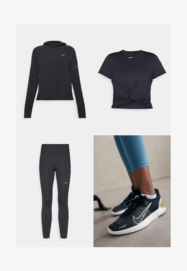 Schwarze Kapuzenjacke mit langen Ärmeln, aus leichtem Material gefertigt. Sie hat einen vorderen Reißverschluss, ein Nike-Logo und dezente Designelemente.; Schwarzes Sport-T-Shirt aus glattem Stoff, mit einem geknoteten Vorderdesign und einem kleinen weißen Nike-Logo auf der Brust.; Schwarze Leggings aus elastischem Stoff, mit einem hohen Bund und einem weißen Nike-Logo auf dem linken Oberschenkel. Glatte Textur, figurbetontes Design.; Schwarze Sportschuhe aus strukturiertem Stoff, weiße Sohle und einem gelben Akzent. Verfügt über ein Schnürdesign und ein hervorgehobenes Logo an der Seite.
