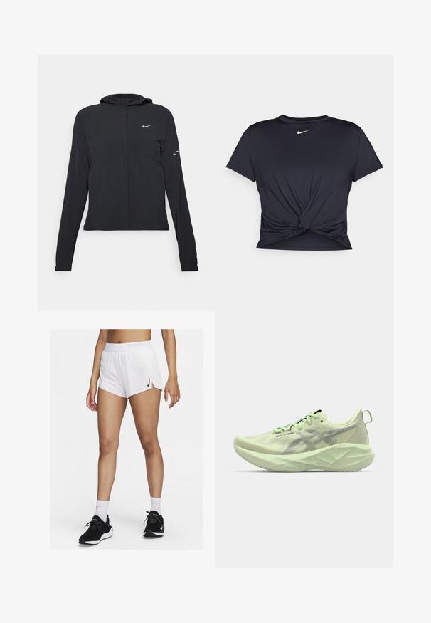 Giacca nera con cappuccio e maniche lunghe, realizzata in materiale leggero. Presenta una zip frontale, il logo Nike e accenti di design sottili.; Maglietta atletica nera realizzata in tessuto liscio, con un design anteriore annodato e un piccolo logo Nike bianco sul petto.; Pantaloncini sportivi bianchi con vita a coste, spacchi laterali e logo Nike nero. Indossati con scarpe da ginnastica nere e calzini bianchi alti.; Scarpa da atletica verde chiaro con tomaia in rete, dettagli testurizzati e suola spessa e angolare per un maggiore ammortizzamento e supporto.