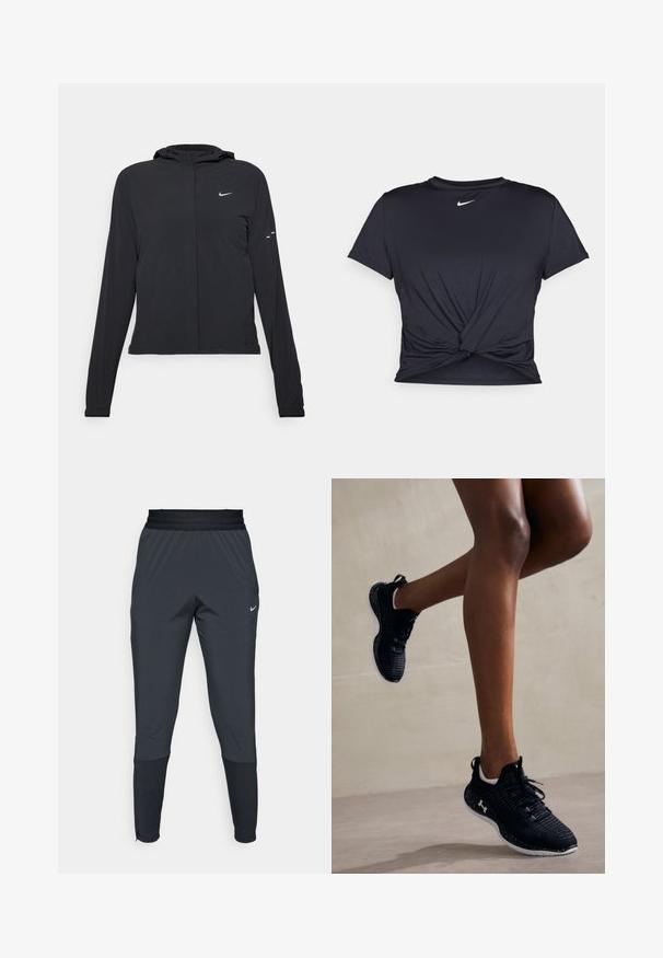 Black hooded jacket with long sleeves, made from lightweight material. Features a front zipper, a Nike logo, and subtle design accents.; Black athletic t-shirt made of smooth fabric, featuring a knotted front design and a small white Nike logo on the chest.; Nike athletic pants in dark gray, featuring a tapered leg design, elastic waistband, and accent details near the cuffs.; Black athletic shoes with a textured upper, white accents, and a speckled sole, featuring laces and a cushioned design for support.