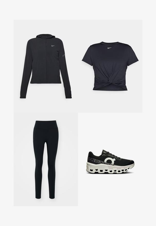 Zwarte kaptrui met lange mouwen, gemaakt van lichtgewicht materiaal. Voorzien van een ritssluiting aan de voorkant, een Nike-logo en subtiele ontwerpelementen.; Zwarte sportieve T-shirt van gladde stof, met een geknoopt ontwerp aan de voorkant en een klein wit Nike-logo op de borst.; Zwarte leggings van rekbaar materiaal met een hoge tailleband. Soepele textuur, slim fit ontwerp en geen zichtbare versieringen of patronen.; Zwarte hardloopschoen met een gestructureerde mesh bovenkant, opvallend wit logo en een unieke wit- en zwartgekleurde gevormde zool met hexagonale uitsparingen.
