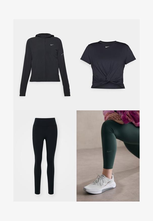 Fekete kapucnis dzseki hosszú ujjakkal, könnyű anyagból készült. Elülső cipzárral, Nike logóval és diszkrét dizájn elemekkel rendelkezik.; Fekete sportpóló sima anyagból, elöl megkötős dizájnnal, a mellkason egy kis fehér Nike logóval.; Fekete leggings rugalmas anyagból, magas derékkal. Simább textúra, feszes fazon, és nincsenek látható díszítések vagy minták.; Nike futócipők világosszürke színben, texturált felsőrésszel, szürke részletekkel és fehér talppal, sötétzöld leggings-szel, amelyen logo található.