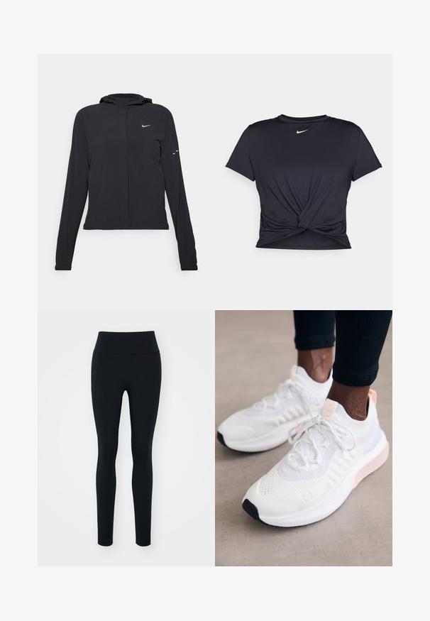 Jachetă neagră cu glugă, cu mâneci lungi, fabricată din material ușor. Dispune de un fermoar frontal, un logo Nike și accente de design subtile.; Tricou sport negru din material neted, cu un design frontal legat și un mic logo Nike alb pe piept.; Colanți negri din material elastic, cu talie înaltă. Textură netedă, design ajustat și fără accesorii sau modele vizibile.; Under Armour PHANTOM 4 - Sneakers low - white