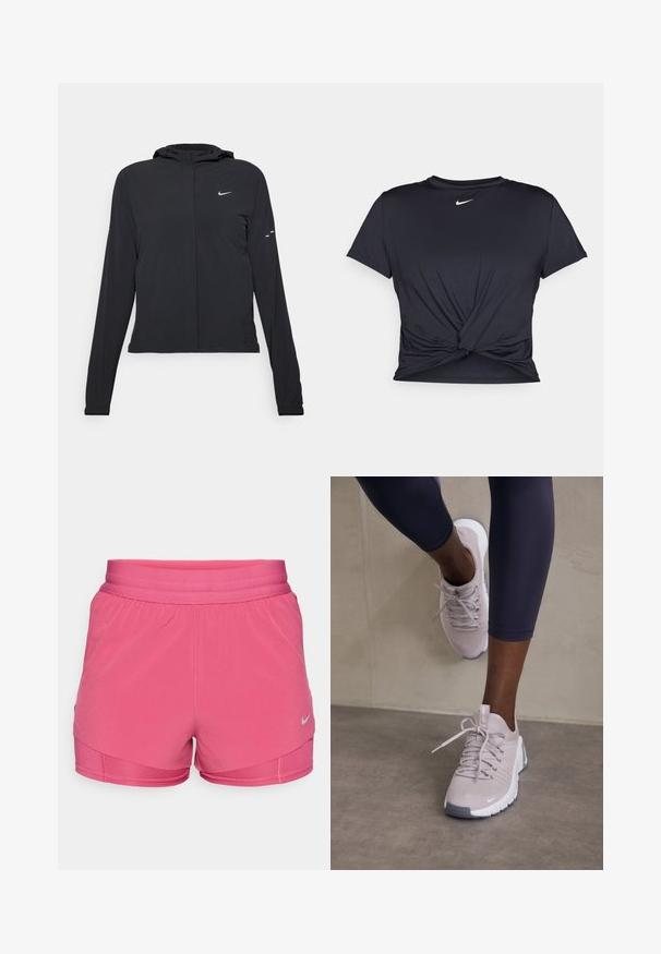 Jachetă neagră cu glugă, cu mâneci lungi, fabricată din material ușor. Dispune de un fermoar frontal, un logo Nike și accente de design subtile.; Tricou sport negru din material neted, cu un design frontal legat și un mic logo Nike alb pe piept.; Shorts atletici roz, cu o textură netedă, talie elastică și un design stratificat. Caracterizat printr-un logo Nike reflectorizant în partea stângă jos.; Pantofi sport gri deschis cu un partea superioară texturată, închidere cu șireturi și o talpă albă, asortați cu colanți negri. Design minimalist și accente fine.
