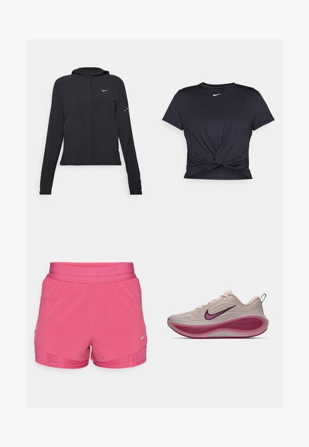 Black hooded jacket with long sleeves, made from lightweight material. Features a front zipper, a Nike logo, and subtle design accents.; Black athletic t-shirt made of smooth fabric, featuring a knotted front design and a small white Nike logo on the chest.; Pink athletic shorts with a smooth texture, elastic waistband, and layered design. Features a reflective Nike logo on the lower left.; Nike ZoomX running shoe in light beige with textured upper, curved pink midsole, and purple accents on the logo and outsole.