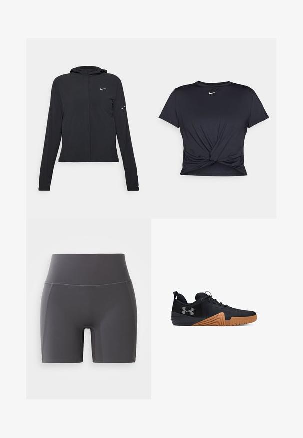 Juodas gobtuvas striukė su ilgomis rankovėmis, pagaminta iš lengvo audinio. Pasižymi priekiniais užtrauktukais, Nike logotipu ir subtiliais dizaino akcentais.; Juodas sportinis marškinėlis, pagamintas iš lygios medžiagos, su surišta priekiu ir mažu baltu Nike logotipu ant krūtinės.; Pilki sportiniai šortai su aukštu juosmeniu, pagaminti iš lygaus, tamprumo audinio. Turi plokščias siūles ir prigludusį dizainą.; Juodi sportiniai bateliai su tekstūruotu paviršiumi, rudos gumos padas su guminėmis raštų struktūromis ir kontrastinga logotipu šone.