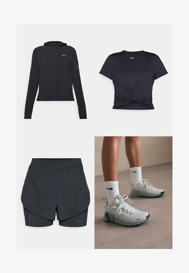 Svart hettegenser med lange ermer, laget av lett materiale. Har glidelås foran, Nike-logo og subtile design detaljer.; Svart trenings T-skjorte laget av glatt stoff, med en knyttet frontdesign og en liten hvit Nike-logo på brystet.; Svart idrettsshorts med lagdelt design, som har et glatt ytre lag og tettsittende indre shorts. Laget av lett, elastisk stoff.; Lys grå sportssko med teksturert stoff, hvite snører og en grønn såle. Kombinert med hvite ribbestrikkede sokker med en svart logo.
