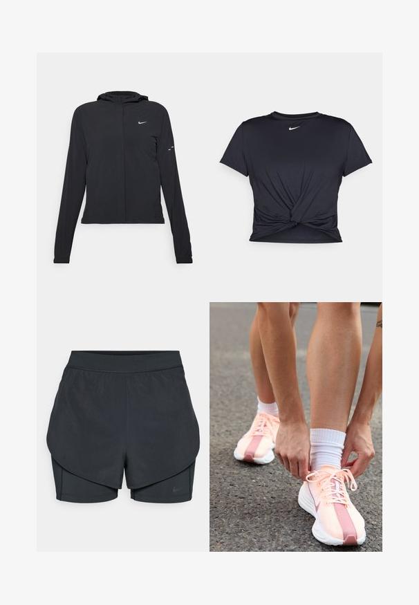 Veste à capuche noire avec des manches longues, fabriquée en matériau léger. Elle comporte une fermeture éclair à l'avant, un logo Nike et des accents de design subtils.; T-shirt de sport noir en tissu lisse, avec un design avant noué et un petit logo Nike blanc sur la poitrine.; Shorts de sport noirs avec un design superposé, présentant une couche extérieure lisse et des shorts intérieurs ajustés. Fabriqués en tissu léger et extensible.; Nike Performance PEGASUS PLUS - Chaussures de running sur route - crimson tint/white/pure platinum/red stardust/vast grey