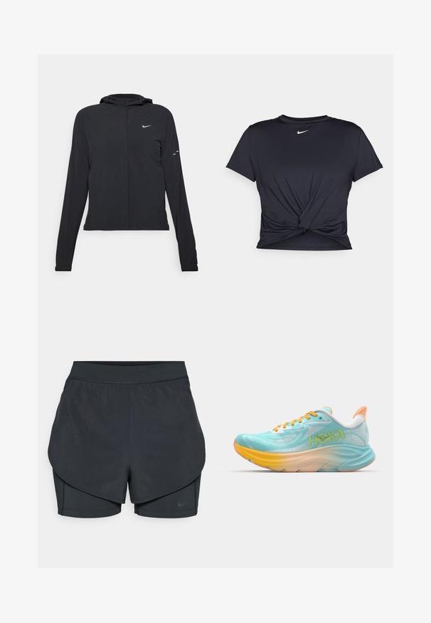 Črna kapuča s dolgimi rokavi, izdelana iz lahkega materiala. Ima sprednji zadrgo, logotip Nike in subtilne oblikovne detajle.; Črna atletska majica iz gladkega materiala, z vozlanim sprednjim delom in majhnim belim logotipom Nike na prsih.; Črne atletske kratke hlače z večplastnim dizajnom, ki vključuje gladko zunanjo plast in prilegnjene notranje kratke hlače. Narejene so iz lahkega, elastičnega materiala.; Svetlo modra tekaška čevlja z teksturirano mrežasto zgornjiko, oranžnimi poudarki in večbarvno gradientno podplato. Na strani je HOKA blagovna znamka.