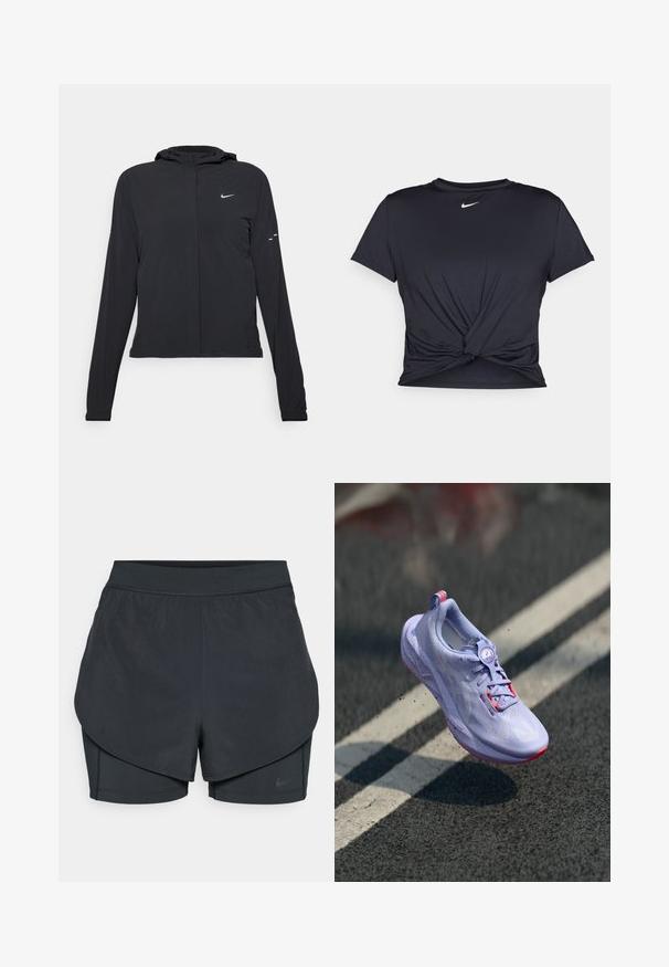 Black hooded jacket with long sleeves, made from lightweight material. Features a front zipper, a Nike logo, and subtle design accents.; Black athletic t-shirt made of smooth fabric, featuring a knotted front design and a small white Nike logo on the chest.; Black athletic shorts with a layered design, featuring a smooth outer layer and fitted inner shorts. Made of lightweight, stretch fabric.; Light purple running shoe with a textured upper, pink accents, a round lacing mechanism, and a speckled sole, elevated above a pavement background.
