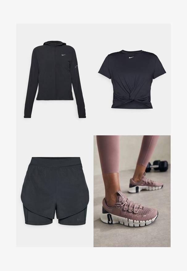 Czarna kurtka z kapturem, z długimi rękawami, wykonana z lekkiego materiału. Posiada zamek błyskawiczny z przodu, logo Nike oraz subtelne akcenty wzornicze.; Czarna sportowa koszulka z gładkiego materiału, z wiązanym przodem i małym białym logo Nike na piersi.; Czarne spodenki sportowe z warstwowym krojem, z gładką zewnętrzną warstwą i dopasowanymi wewnętrznymi spodniami. Wykonane z lekkiej, elastycznej tkaniny.; Osoba w mauve sportowych butach i dopasowanych leginsach stoi na podłodze siłowni z hantlem w tle.