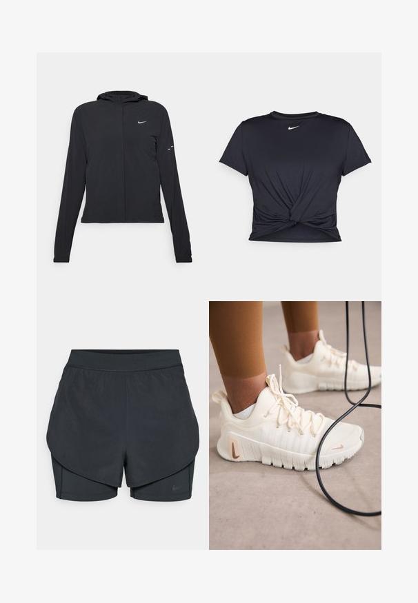 Črna kapuča s dolgimi rokavi, izdelana iz lahkega materiala. Ima sprednji zadrgo, logotip Nike in subtilne oblikovne detajle.; Črna atletska majica iz gladkega materiala, z vozlanim sprednjim delom in majhnim belim logotipom Nike na prsih.; Črne atletske kratke hlače z večplastnim dizajnom, ki vključuje gladko zunanjo plast in prilegnjene notranje kratke hlače. Narejene so iz lahkega, elastičnega materiala.; Nike Performance FREE METCON 6 - Trening copati - pale ivory/metallic red bronze/guava ice/sail/phantom/light orewood brown
