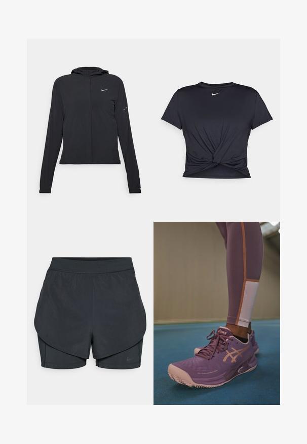 Svart hettegenser med lange ermer, laget av lett materiale. Har glidelås foran, Nike-logo og subtile design detaljer.; Svart trenings T-skjorte laget av glatt stoff, med en knyttet frontdesign og en liten hvit Nike-logo på brystet.; Svart idrettsshorts med lagdelt design, som har et glatt ytre lag og tettsittende indre shorts. Laget av lett, elastisk stoff.; Lilla treninggsko med teksturerte overflater og en polstret såle, med en rosa tåhette og gullakenter. Brukt med lilla leggings.