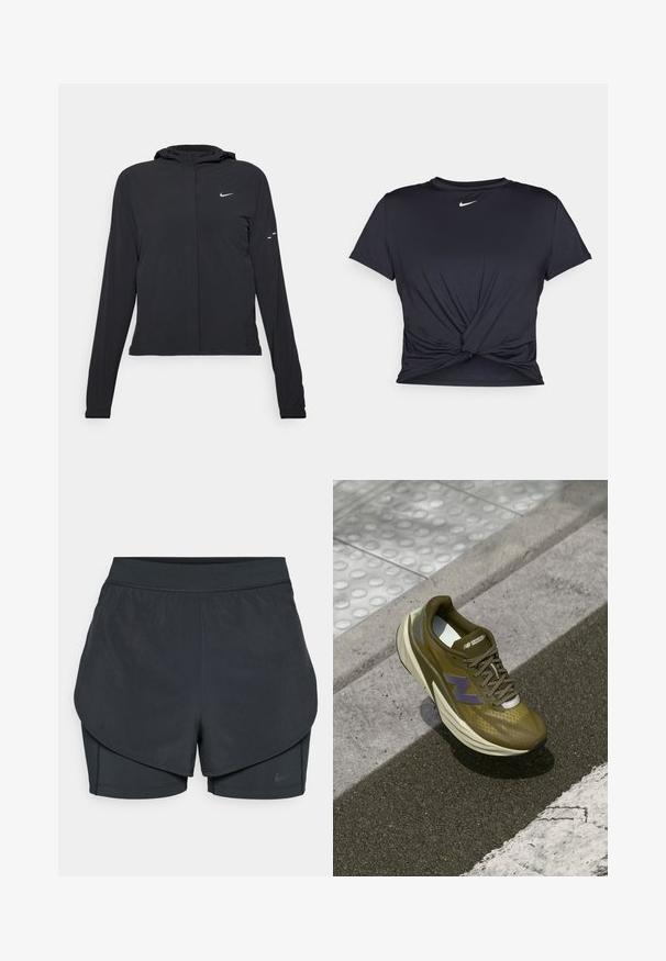 Crna jakna s kapuljačom i dugim rukavima, izrađena od laganog materijala. Ima prednji patentni zatvarač, Nike logo i suptilne dizajnerske detalje.; Crni trenirac s kratkim rukavima izrađen od glatkog materijala, s čvorastim dizajnom sprijeda i malim bijelim Nike logotipom na prsima.; Crne atletske kratke hlače s višeslojnim dizajnom, koje sadrže glatki vanjski sloj i uske unutarnje hlače. Izrađene od lagane, rastezljive tkanine.; Maslina zelene atletske cipele s prozračnom gornjom mrežicom, srednjim slojem za ublažavanje, ljubičastim logom i teksturiranom gumenom potplatom za prianjanje.