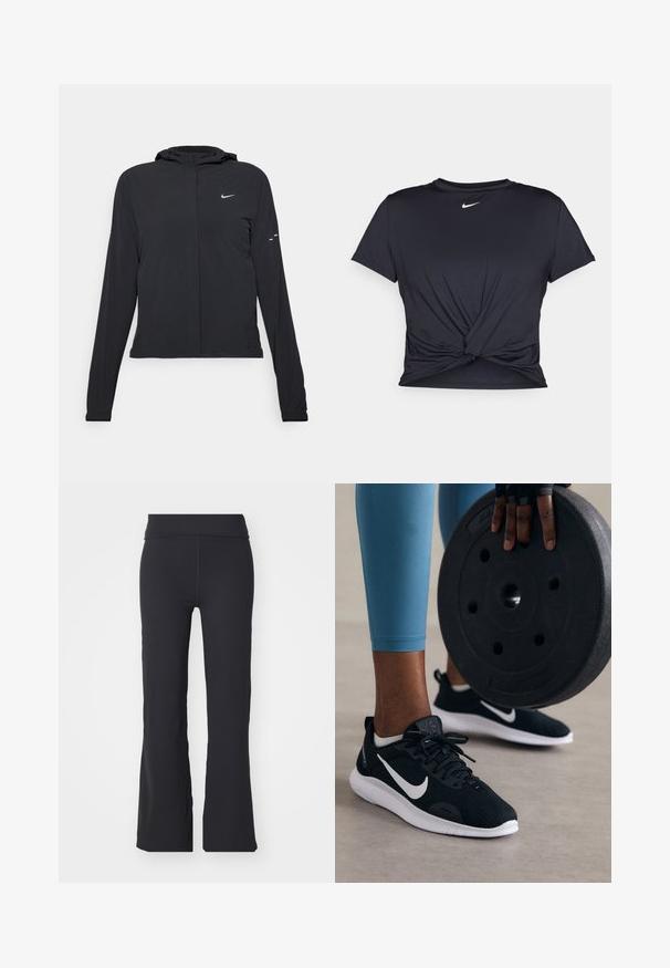 Svart huva jacka med långa ärmar, gjord av lätt material. Har en framdragare, en Nike-logotyp och subtila designelement.; Svart atletisk t-shirt i mjukt tyg, med en knuten framdesign och en liten vit Nike-logga på bröstet.; Svarta utsvängda byxor i stretchy tyg med hög midja. Har rena linjer och en slät yta, passar för avslappnad användning.; Svart sportskor med ovandel i mesh, vita detaljer och en tjock vit sula. En svart viktskiva hålls i förgrunden.