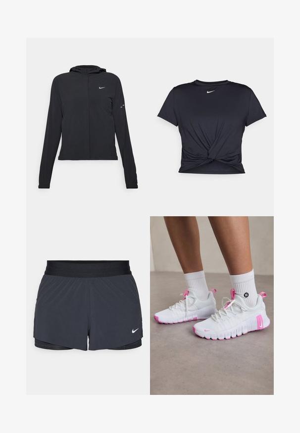 Fekete kapucnis dzseki hosszú ujjakkal, könnyű anyagból készült. Elülső cipzárral, Nike logóval és diszkrét dizájn elemekkel rendelkezik.; Fekete sportpóló sima anyagból, elöl megkötős dizájnnal, a mellkason egy kis fehér Nike logóval.; Fekete sportnadrág elasztikus derékkal, réteges kialakítással és kis fehér Nike logóval a bal alsó részen. Könnyű anyag.; Fehér sportcipők rózsaszín részletekkel, letisztult dizájn, texturált hálós felsőrész és rugalmas gumitalp. Jellemzői közé tartozik a logó és a húzófül.
